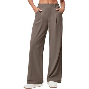 Women Stretchy Wide Leg Work Pants Pull On Brown 28'' Tall Casual Dress Slack